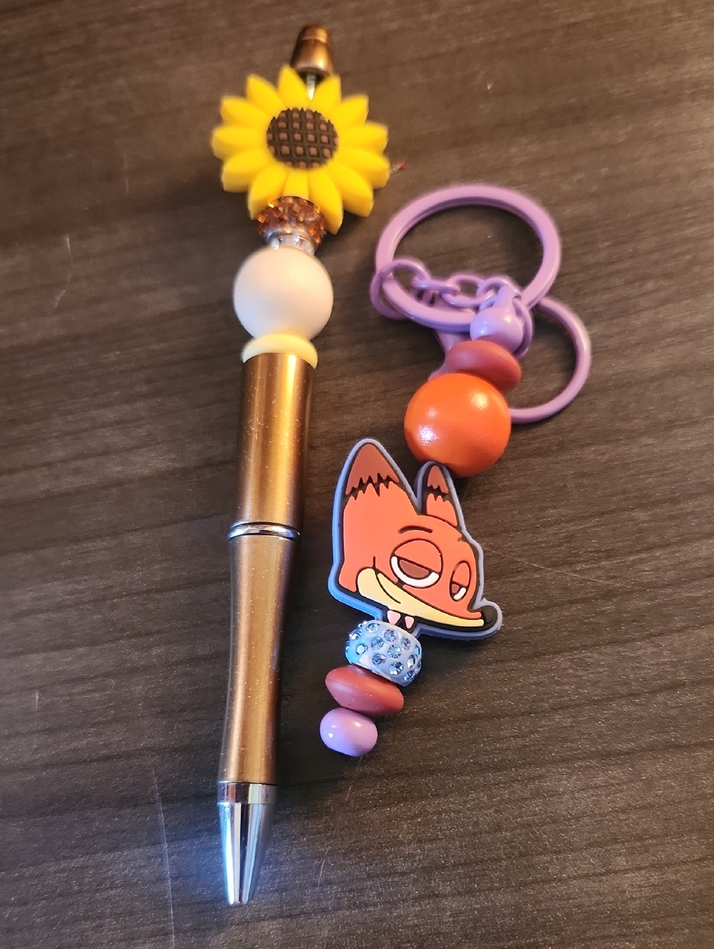 Sunflower Bead Pen with Nick Wilde Beaded Keychain